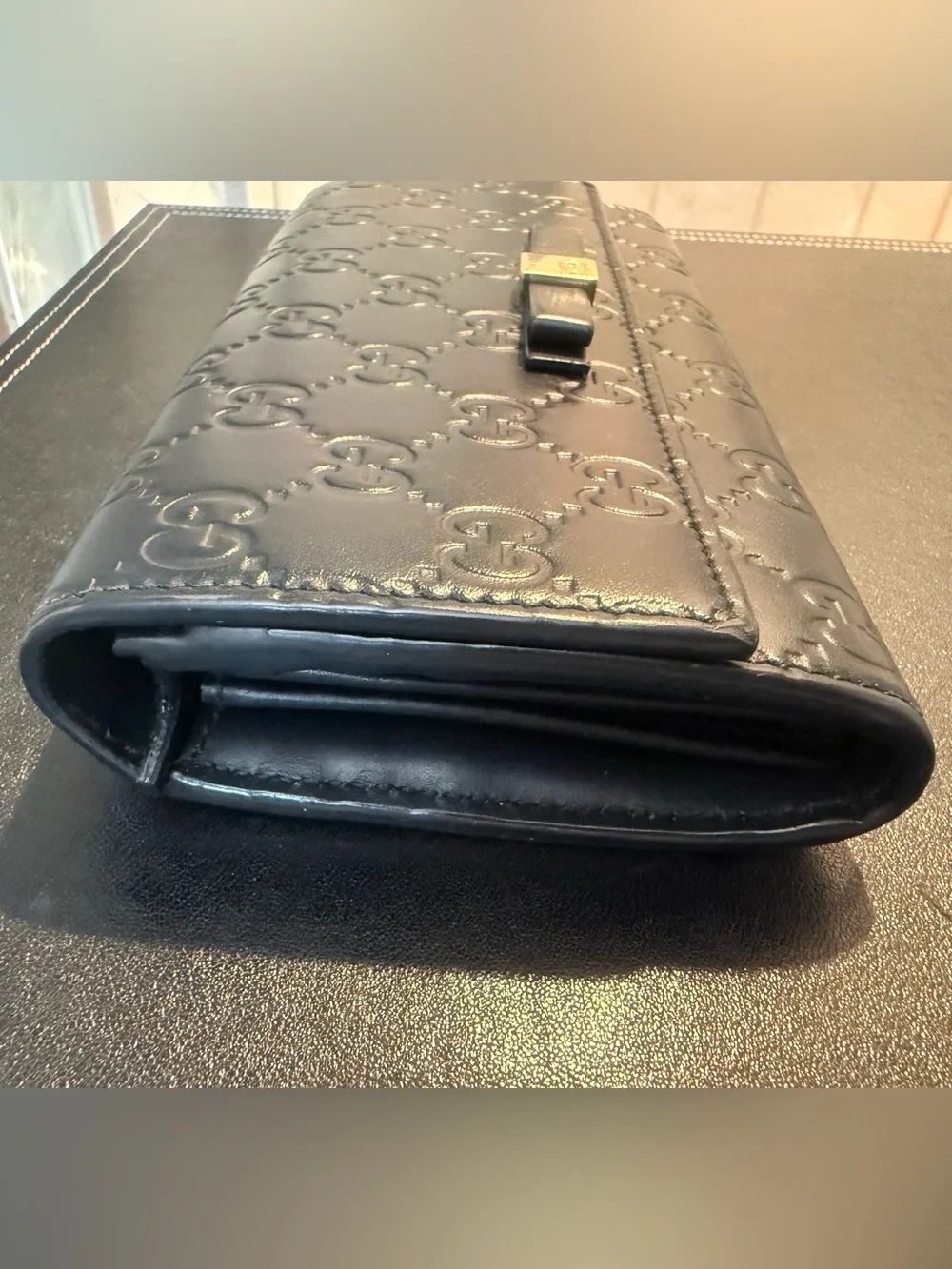 Gucci Black Guccissima Leather Bow Flap Continental Wallet. EUC.